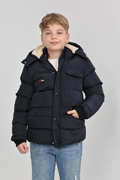 Wild Flower Erkek Çocuk Kışlık Yoğun Elyaf Dolum İç Kısmı Polar Astarlı Kapüşonlu Erkek Mont Kaban