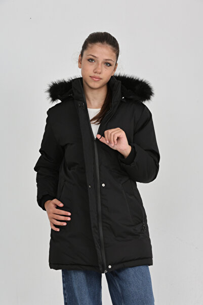 Wild Flower Kalın Kışlık Kapüşonlu Şık Rahat Kalıp Kız Çocuk Siyah Mont Kaban