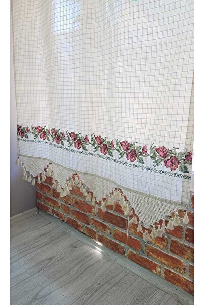 SEVCAN TEKSTİL KIRMIZI KANAVİÇE İŞLEMELİ EL DANTELLİ MONİKA PERDE