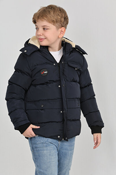 Wild Flower Erkek Çocuk Kışlık Yoğun Elyaf Dolum İç Kısmı Polar Astarlı Kapüşonlu Erkek Mont Kaban