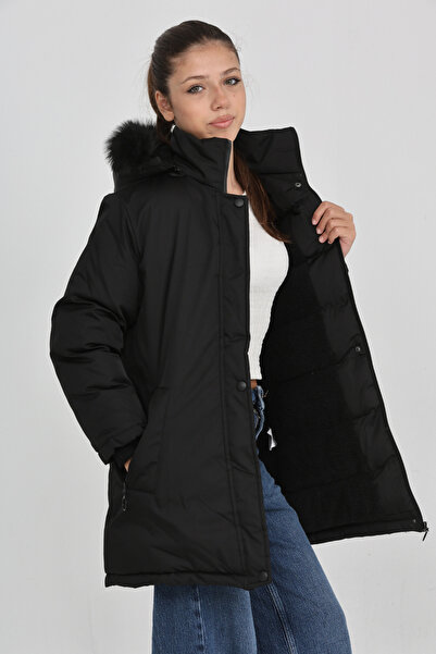 Wild Flower Kalın Kışlık Kapüşonlu Şık Rahat Kalıp Kız Çocuk Siyah Mont Kaban