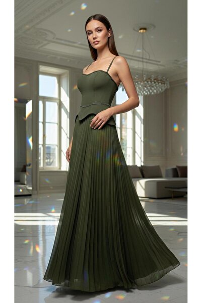 DWT İnce Askılı Pliseli Krep Abiye Elbise