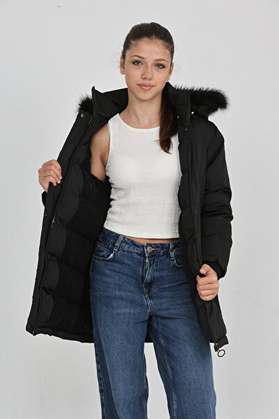 Wild Flower Kalın Kışlık Kapüşonlu Şık Rahat Kalıp Kız Çocuk Siyah Mont Kaban