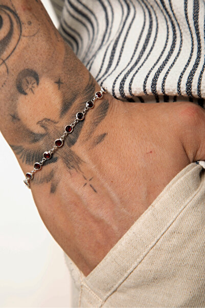 Fjellor Pyat 925 Ayar Gümüş Kırmızı Zirkon Taşlı Erkek Bileklik