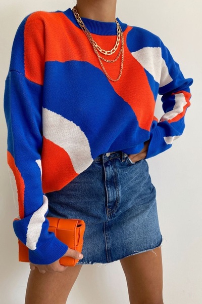 bayansepeti Pulover colorat tricotat cu gât rotund - model în bucăți, 0154