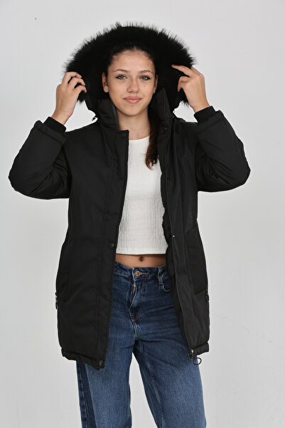 Wild Flower Kalın Kışlık Kapüşonlu Şık Rahat Kalıp Kız Çocuk Siyah Mont Kaban