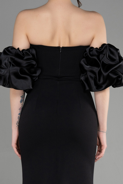 Abiyefon Siyah Straplez Kol Aksesuarlı Yırtmaçlı Uzun Abiye ABU3659