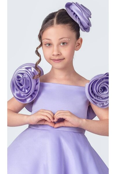 Tarz Çocuk White Rose Detailed, Puffy Skirted Girl's Special Occasion Evening Dress