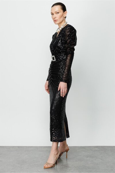 Eskişehir Mağazacılık 6574 fashionable pleated detail sequin dress