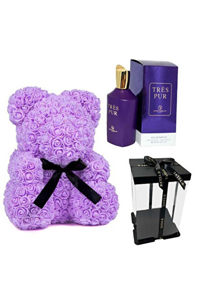 velve Set cadou fete, Ursulet floral din spuma 25 cm si Parfum Tres Pure, Grandeur Elite 100 ml, Mov