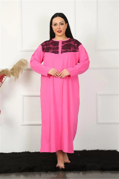 emosavm Fashion Plus Size Long Sleeve Lace Fuchsia Mother Nightgown