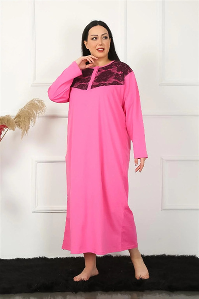 emosavm Fashion Plus Size Long Sleeve Lace Fuchsia Mother Nightgown