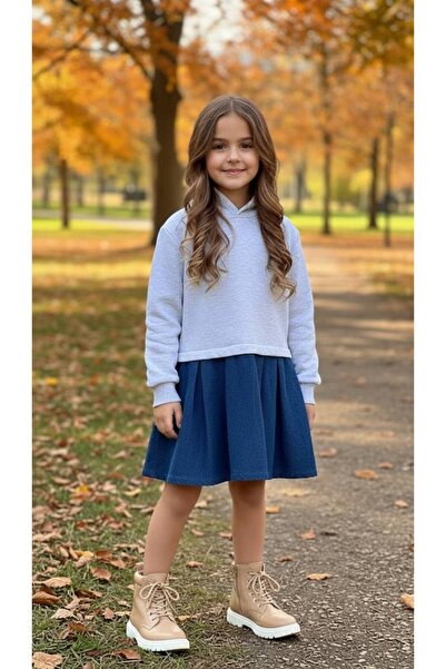 STYLENEST Iz Children's Hooded Dress - Three Thread Combed Cotton Top & Seasonal Denim Skirt Detailed