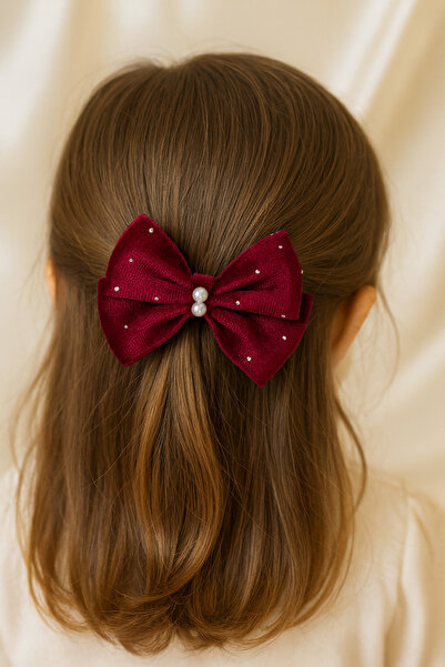 vikivin bebe Bordo Parıltı Noktalı Fiyonk Saç Tokası 2’li Set – İnci Orta, Gü...