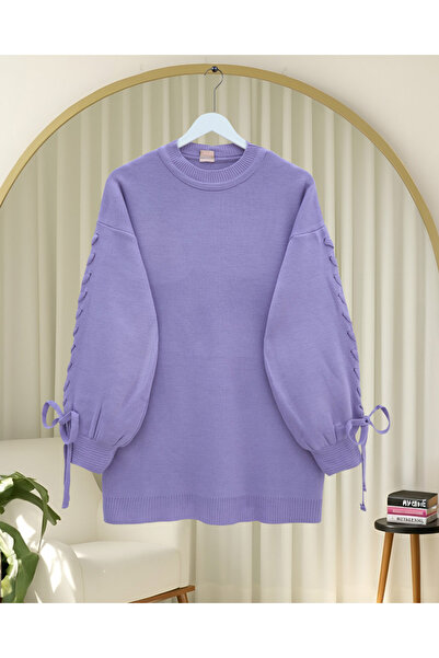 Modamorfo Пуловер с обло деколте и плетени ръкави - Лилаво