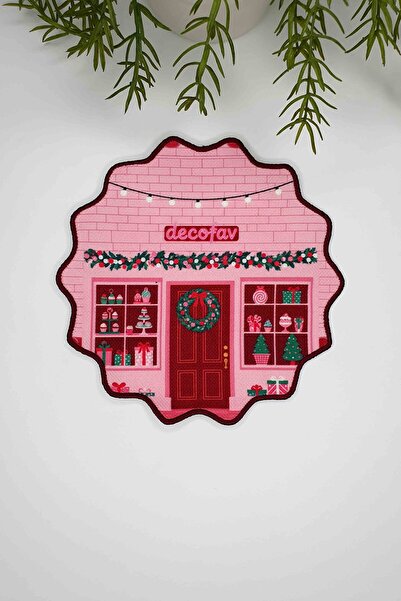 decofav Pink Christmas Shop Designed Embroidery Edge Fabric Cocktail Napkin 1 Piece