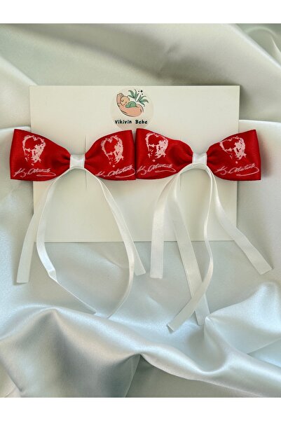 vikivin bebe Ataturk Silhouette Printed Red Satin Bow Hairpins Set of 2