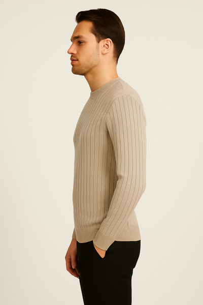 Maccali Men's Long Sleeve Striped Beige Winter Knit Sweater