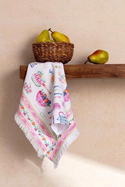 Madame Coco منشفة مطبخ مطبوعة لطيفة من نيو سيزون - أبيض / وردي