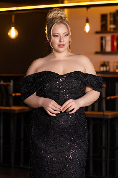 Abiyefon Siyah Kayık Yaka Boncuklu Uzun Büyük Beden Elbise ABU4947