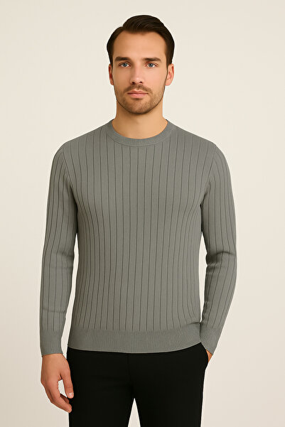 Maccali Men's Long Sleeve Striped Gray Winter Knitwear Sweater