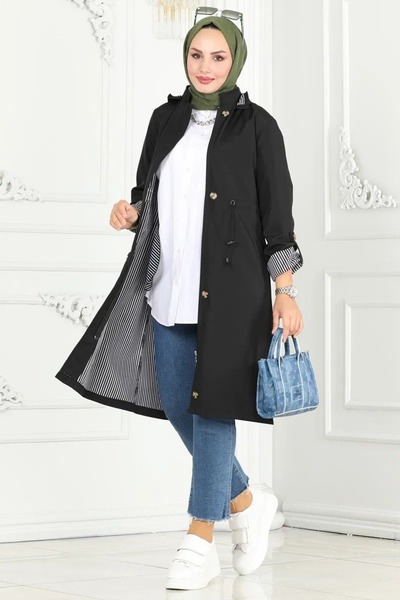Ayşo Women's Black Wind, Waterproof Bondit Fabric Detachable Buttoned Hooded Waist Tunnel Trench Coat