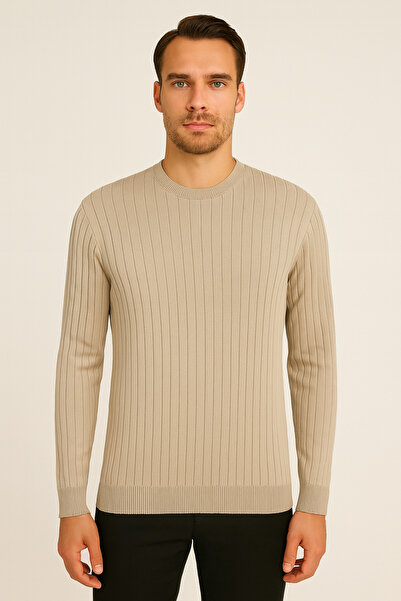 Maccali Men's Long Sleeve Striped Beige Winter Knit Sweater