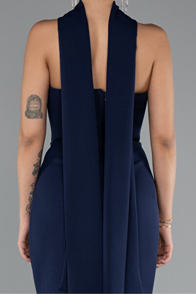 Abiyefon Lacivert Straplez Şal Aksesuarlı Uzun Balık Abiye Elbise ABU5097