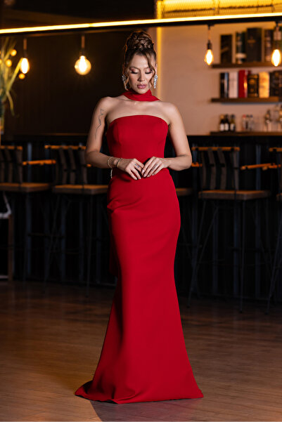 Abiyefon Kırmızı Straplez Şal Aksesuarlı Uzun Balık Abiye Elbise ABU5097