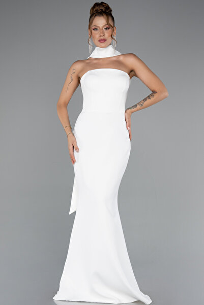 Abiyefon Ekru Straplez Şal Aksesuarlı Uzun Balık Abiye Elbise ABU5097