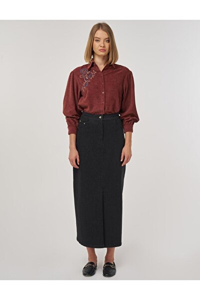 Kayra Slit Detailed Denim Skirt Black