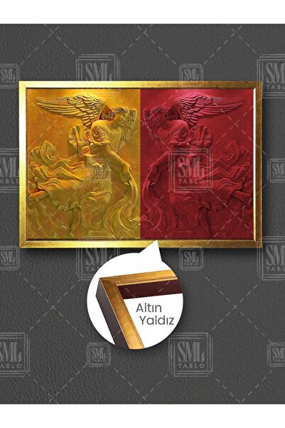 SML TABLO Mermer Melekler Sarı Kırmızı Galatasaray Kanat Çerçeveli Yatay Kanv...