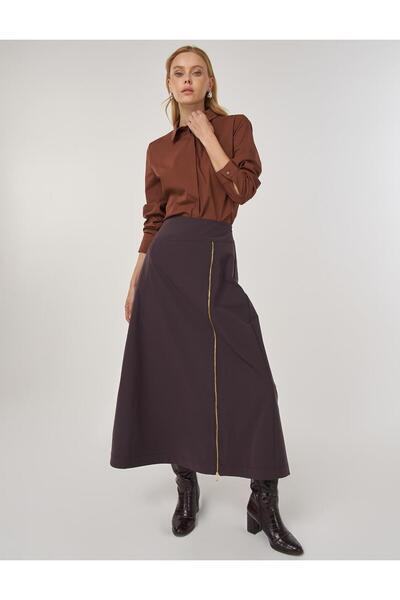 Kayra Zipper Detailed A-Line Skirt Dark Brown