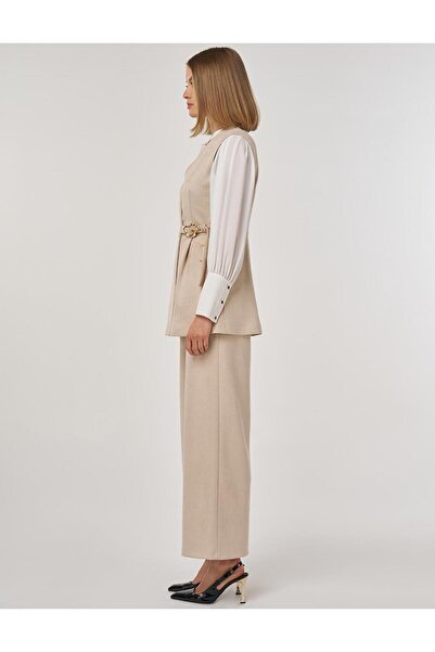 Kayra Buckle Detailed Suede Double Suit Cream