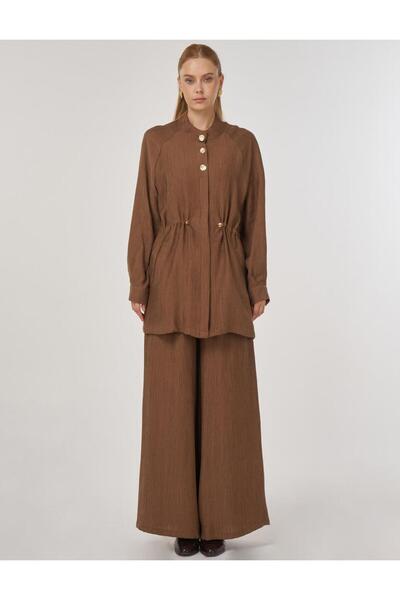 Kayra Shiny Buttoned Lyocell Double Suit Dark Olive