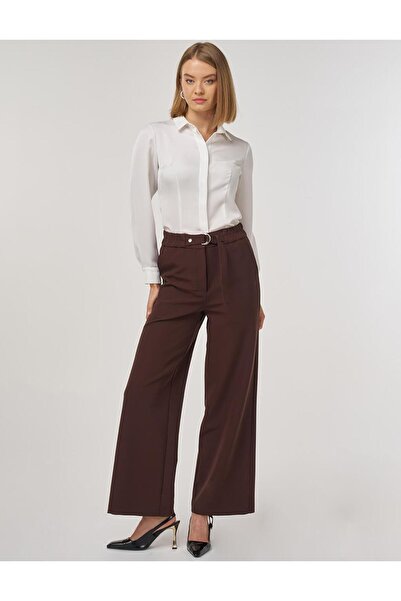 Kayra Metal Buckle Fabric Trousers Dark Brown