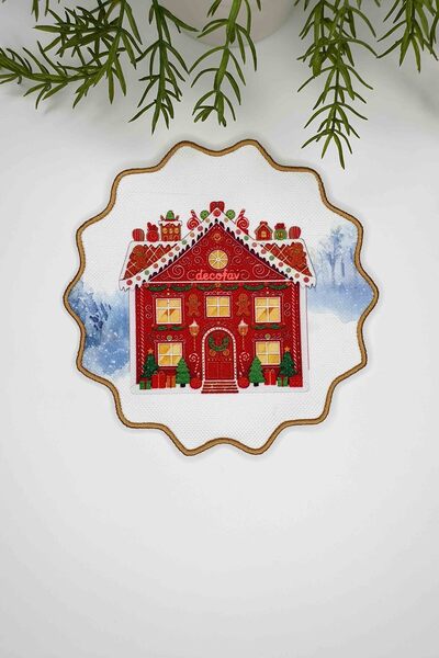 decofav Şeker Yılbaşı Evi Tasarımlı Nakış Kenar Kumaş Kokteyl Peçetesi 1 Adet