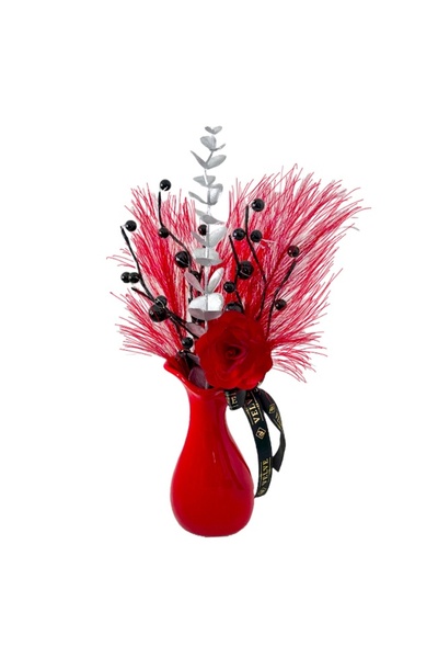 velve Wave vase with floral arrangement, wooden begonia, handmade flowers and plants, Red, 36 cm