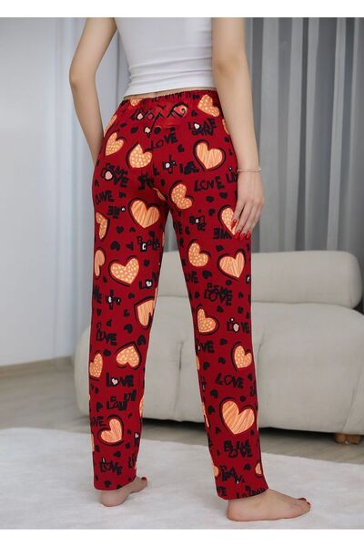 DİGGO Women's Cotton Thin Breathable Fabric Ribbon Waist Detailed Printed Pocketless Women's Pajama Bottoms