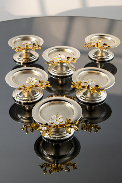 Yaren Style Gül Çiçekli Dekoratif 6 li Gümüş Renk Makaronluk Lokumluk Kahve Y...