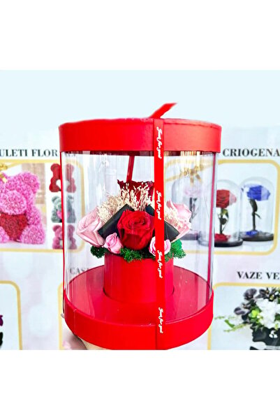 velve Aranjament floral in cutie cilindrica,11 trandafiri criogenati pe pat d...