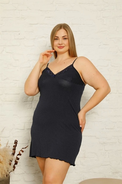 emosavm Fashion Women's Cotton Rope Strap Plus Size Nightgown Navy Blue