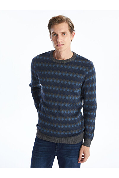 LC Waikiki Indigo Crew Neck Long Sleeve Diamond Pattern Men's Knitwear Sweater