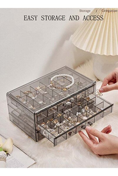 fulina 3 Layer Acrylic Jewelry Organizer Box Display,9.5''Lx5.5''Wx4.2''H,3 Drawers 72 Compartments,Gray