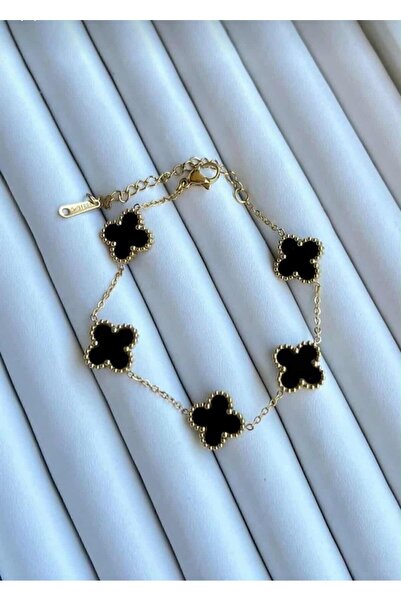 Melay Accessory Kadın Çelik Siyah Renk Yonca Model Bileklik