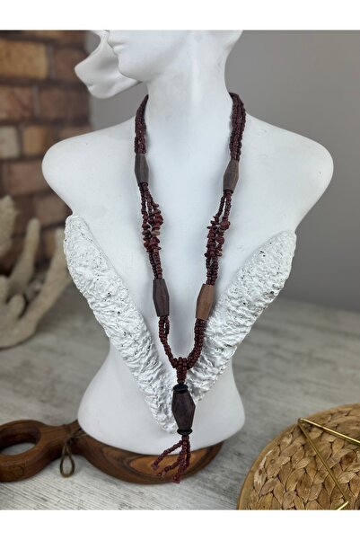 SEDEF TAKI Ahşap boncuklu Vintage uzun kolye