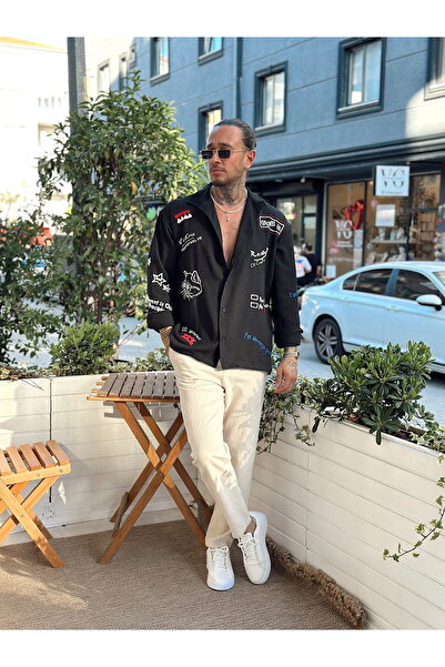 manch collection oversized Λινό πουκάμισο με γραπτό κέντημα μαύρο