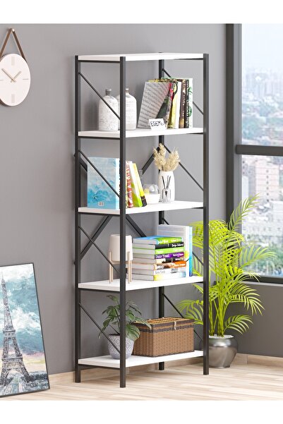 EGEMEV Dekoratif 5 Raflı Kitaplık Geniş Metal Kitaplık Dosya Rafı Ofis Salon ...
