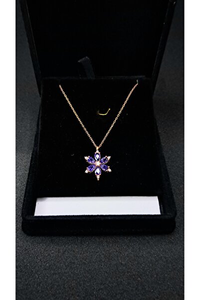 Zarafet Takı Ametist Taşlı Lotus Çiçeği Rose Gümüş Kolye