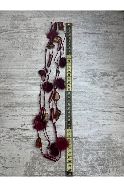 SEDEF TAKI Bordo tüylü tasarım taşlı kolye